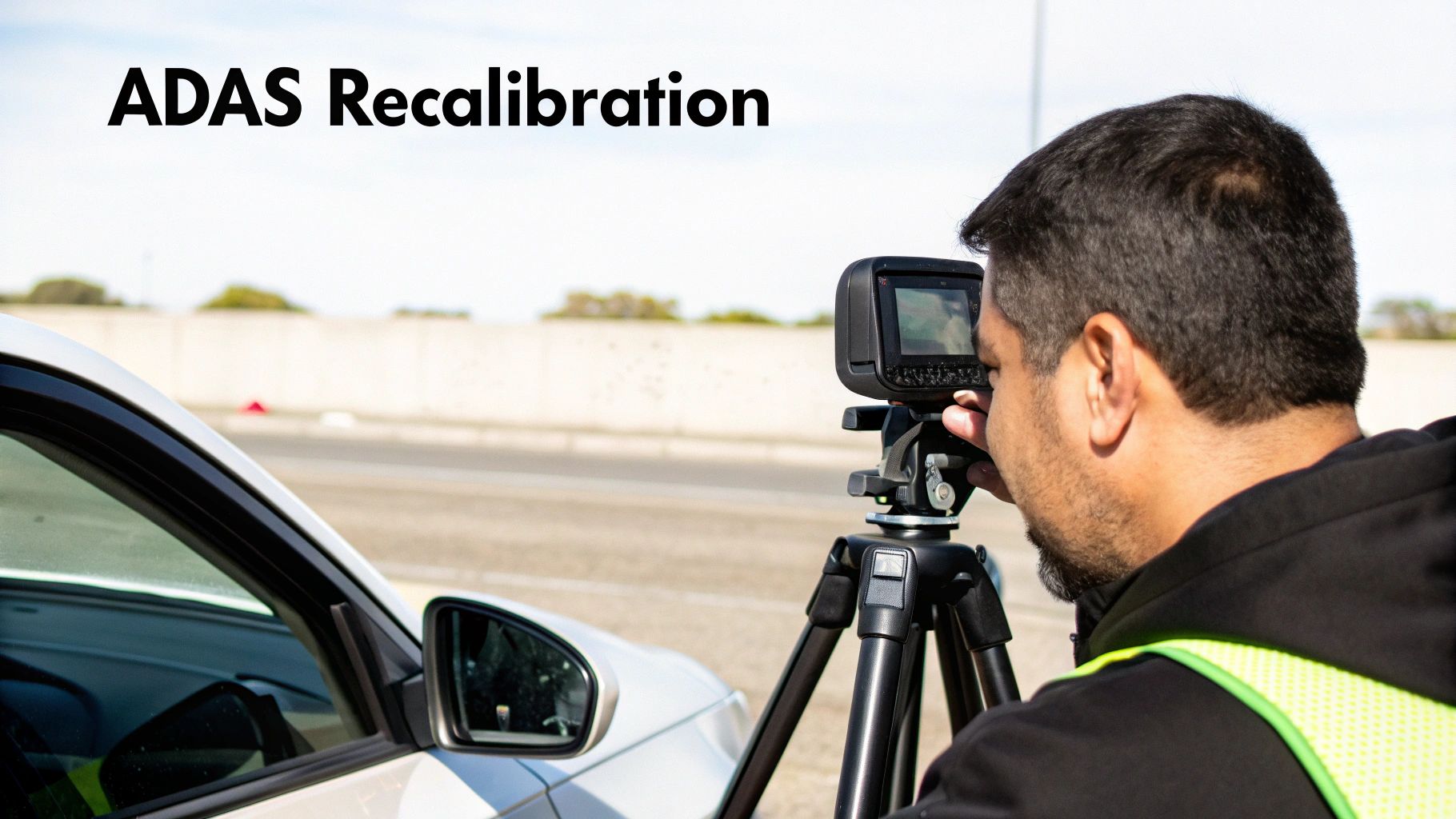 A technician performs ADAS recalibration on a white car using specialized equipment outdoors.