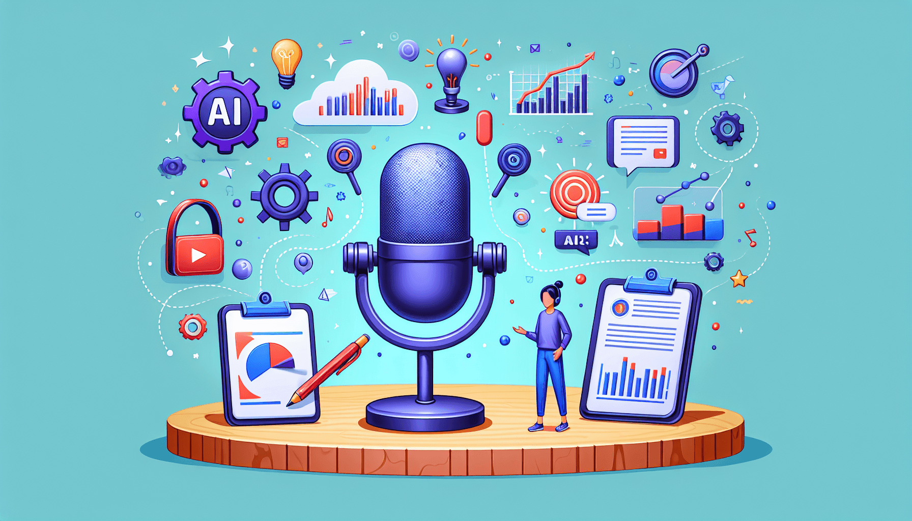 A whimsical illustration of a podcast environment featuring a central microphone surrounded by digital icons representing AI and summarization tools.