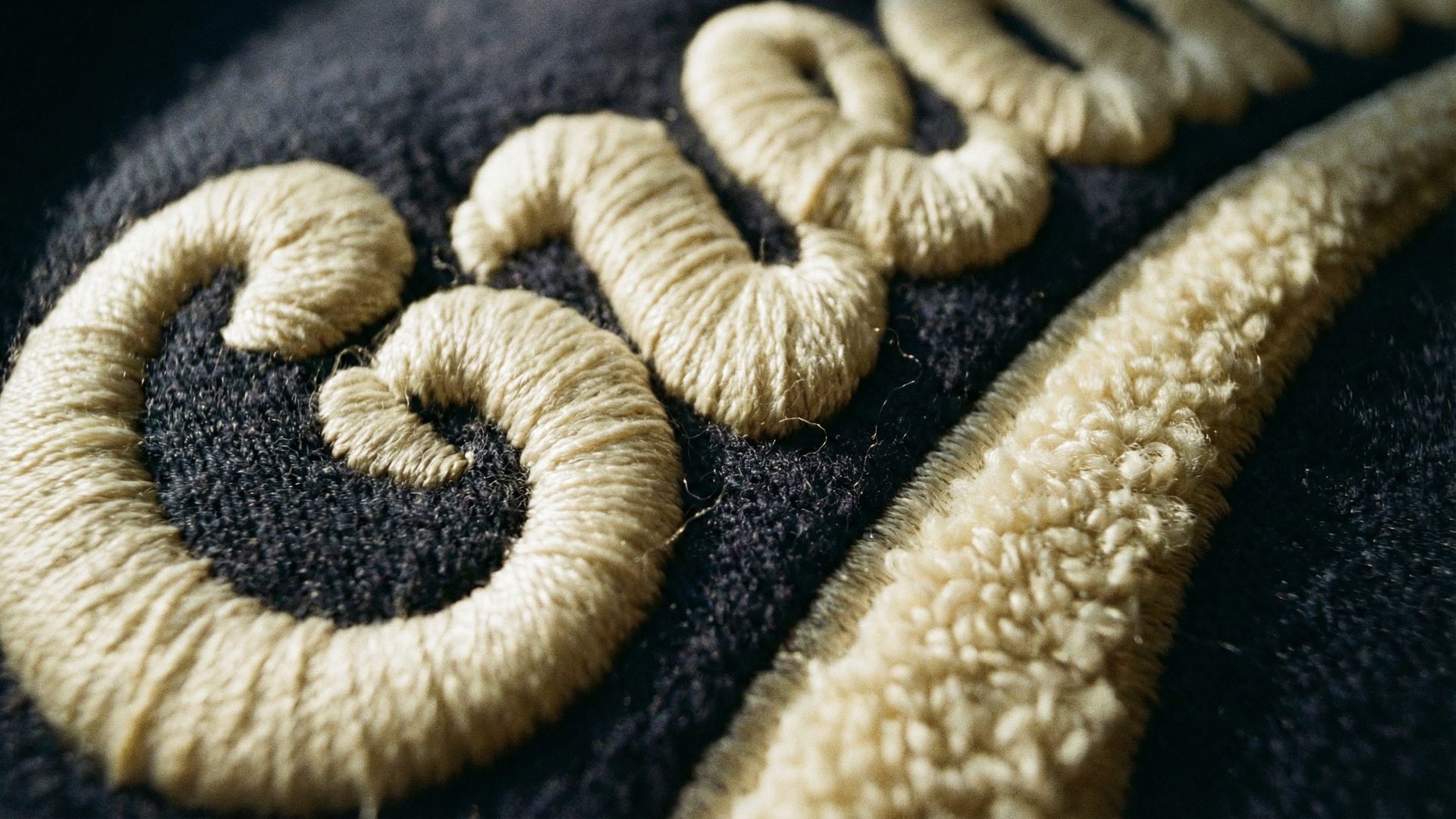 An extreme close-up macro detail shot of premium embroidery on a dark navy heavyweight fleece fabric, showing the raised, dimensional effect of 3D puff embroidery next to the soft, looped pile texture of chenille.