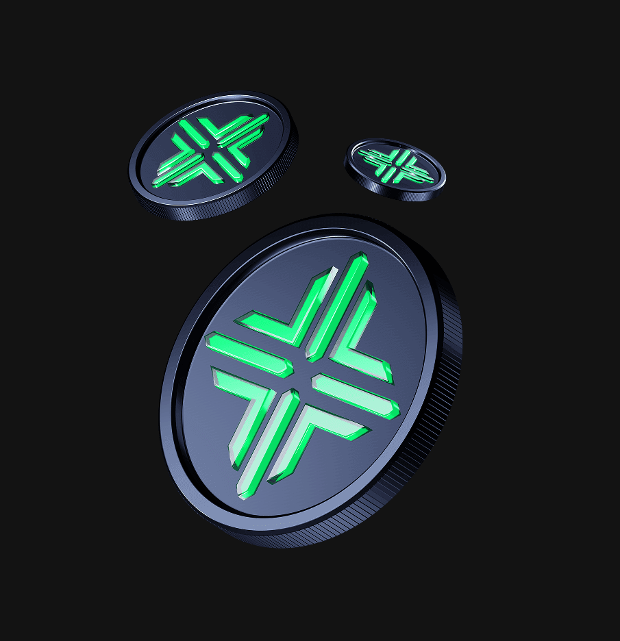 High-fidelity 3D asset design of Bitazza Freedom tokens. The visualization shows three metallic black coins with neon green illuminated branding, showcasing modern fintech iconography and brand-aligned digital asset design.