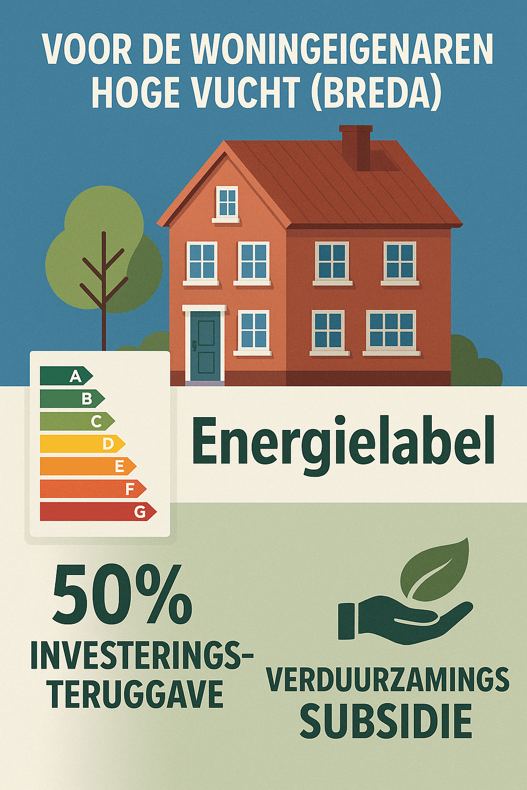 Informatieve flyer voor woningeigenaren in Hoge Vught (Breda) over het aanvragen van een energielabel, verduurzamingssubsidies tot 50% investeringsvergoeding en duurzame woningverbetering.