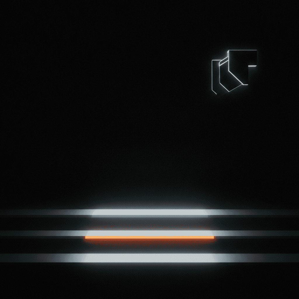 Three horizontal layers of cool light receding into deep black void, middle layer glowing orange