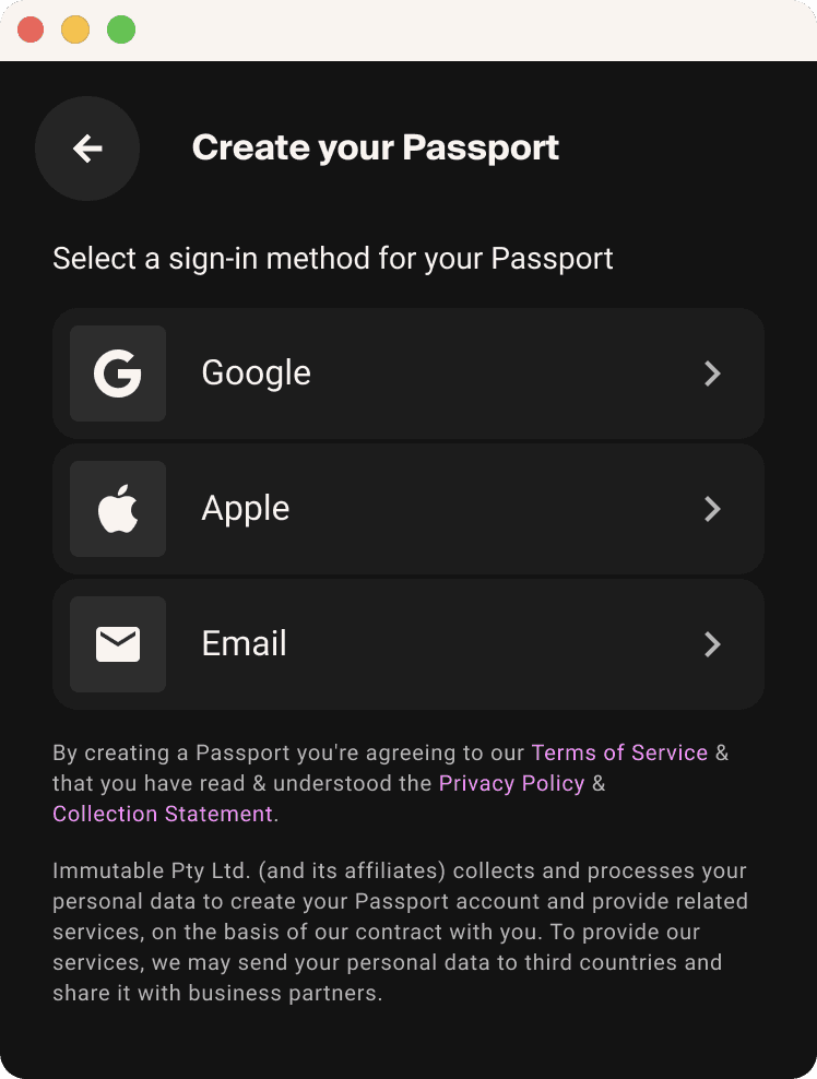 Immutable Passport screenshot of sign in page