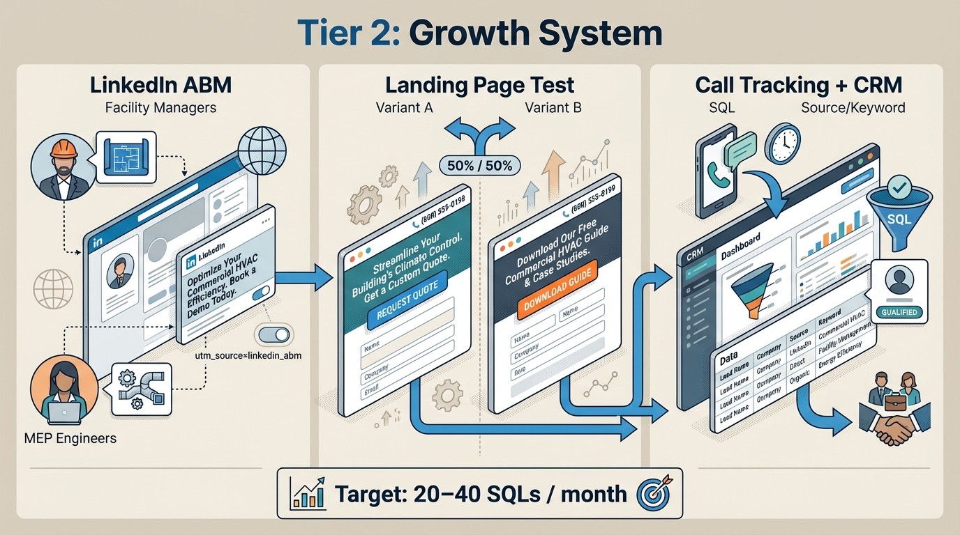 Commercial HVAC growth system diagram showing LinkedIn ABM, landing page testing, call tracking, CRM integration, and SQL targets