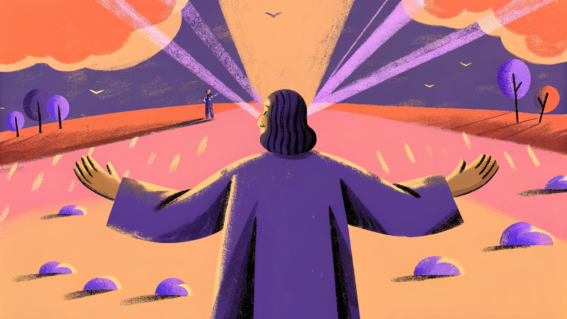 A solitary figure standing in an expansive atmospheric dusk landscape, arms open – Movement Wisdom
