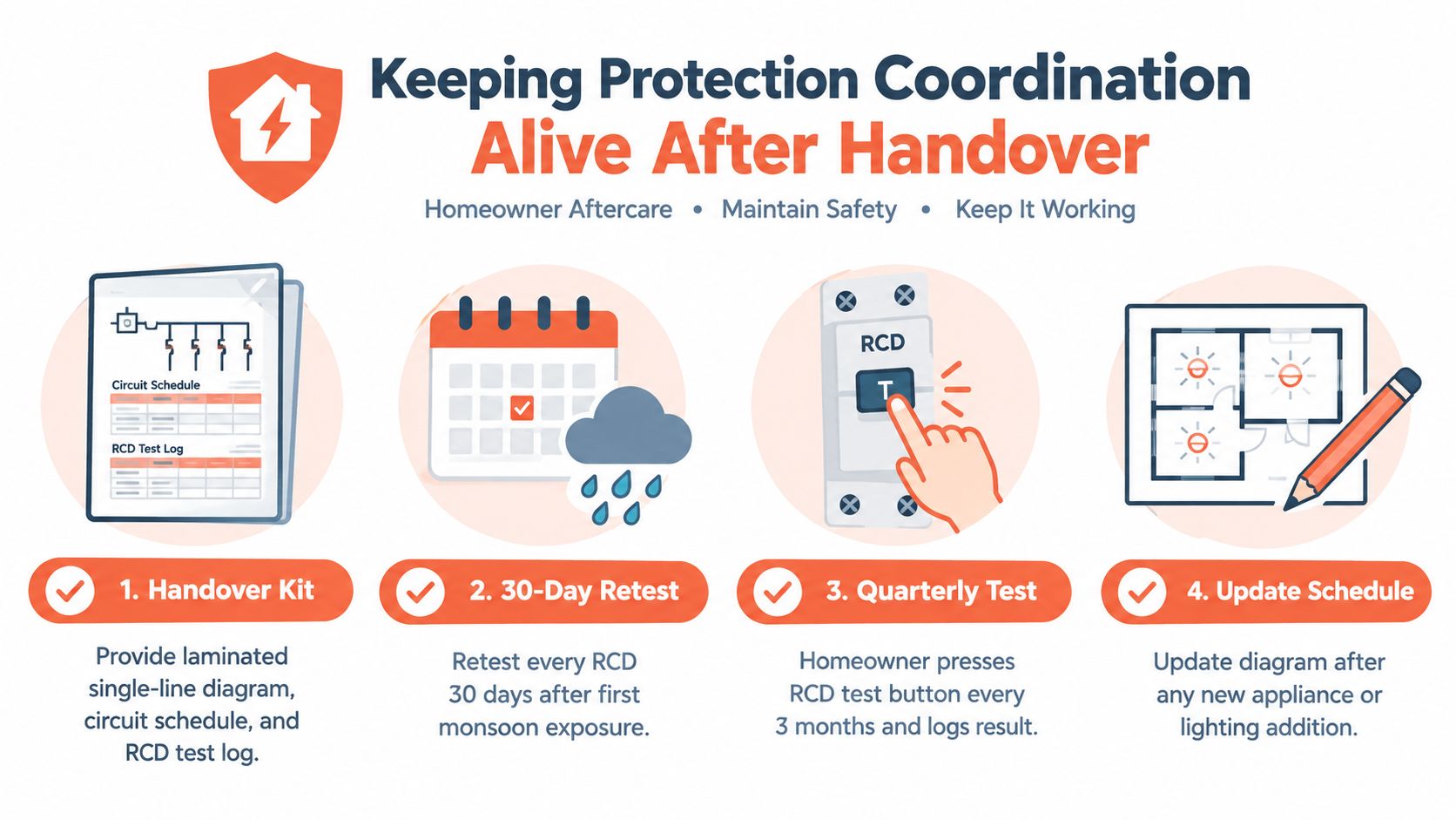 An infographic detailing four steps for homeowners to maintain electrical safety and protection coordination after property handover.