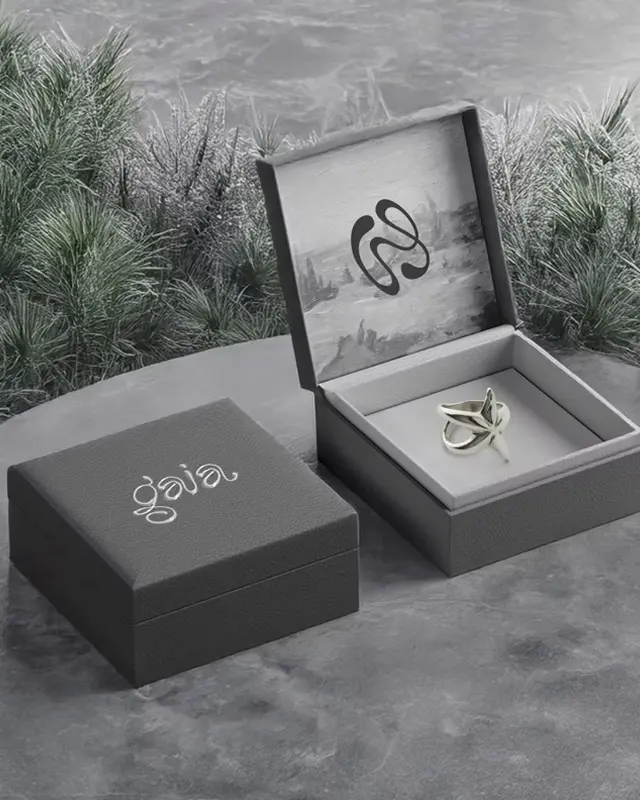 Gaia packaging — branded gift box with Aphrodite ring inside, packaging design for jewelry brand
