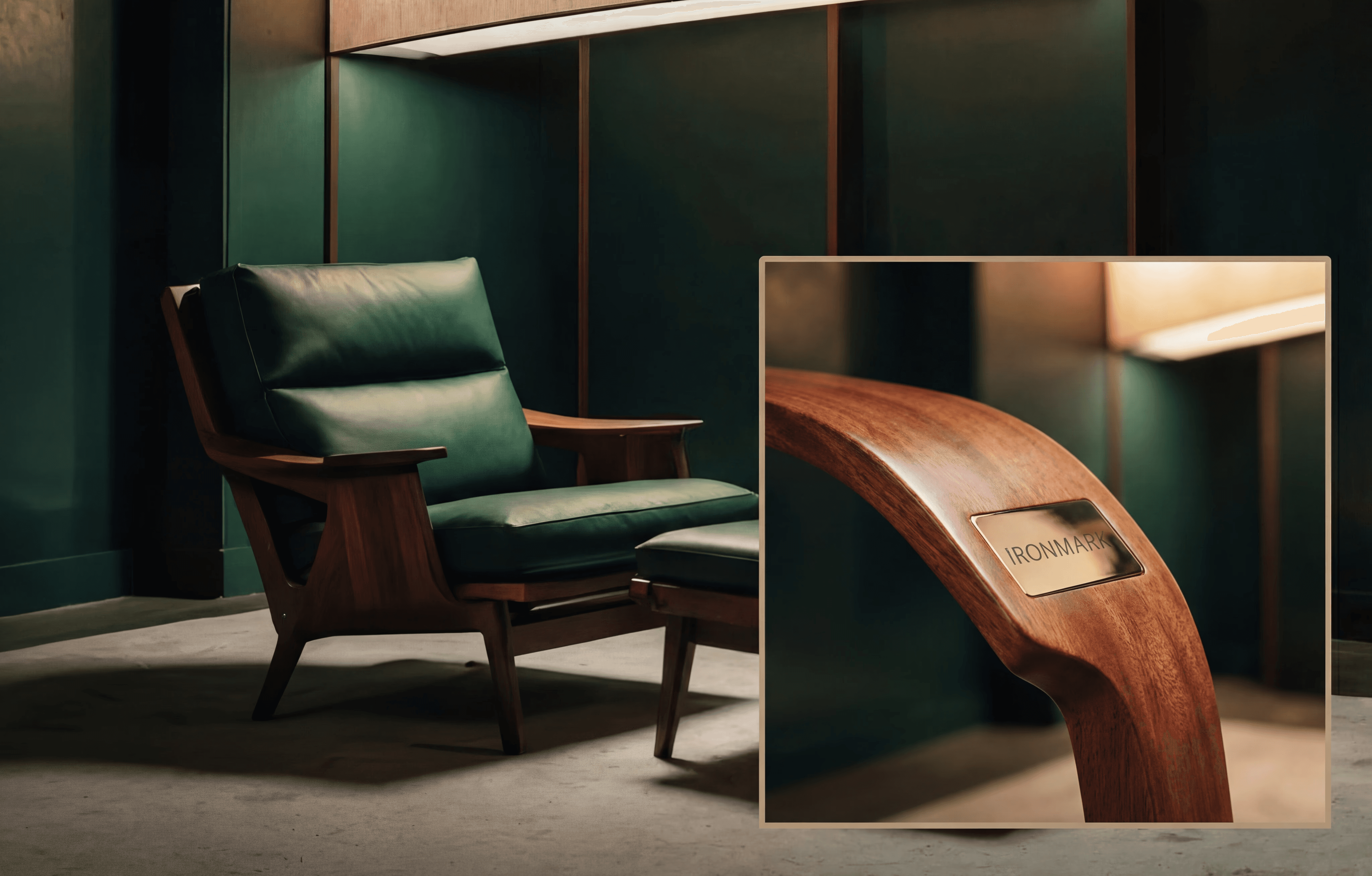 A modern green chair with a curved design and dark wooden legs against a dark background.