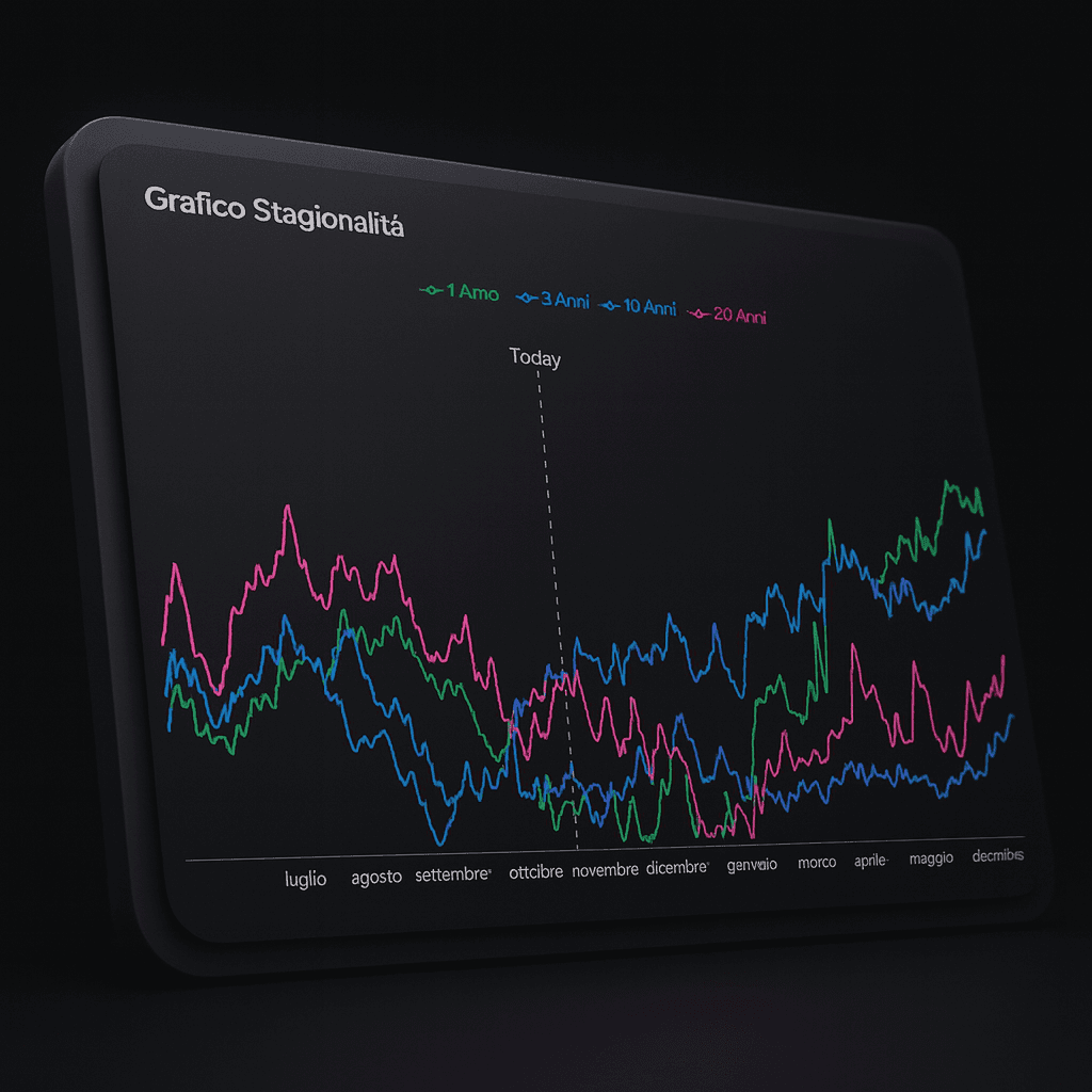 Grafico di stagionalità su TotalTrade con confronto tra medie a 1, 3, 10 e 20 anni e linea verticale che indica il punto “Today”.