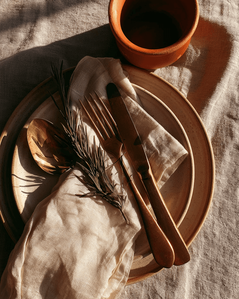 Gold cutlery and linen napkin on a textured linen tablecloth with terracotta bowl, styled flat lay