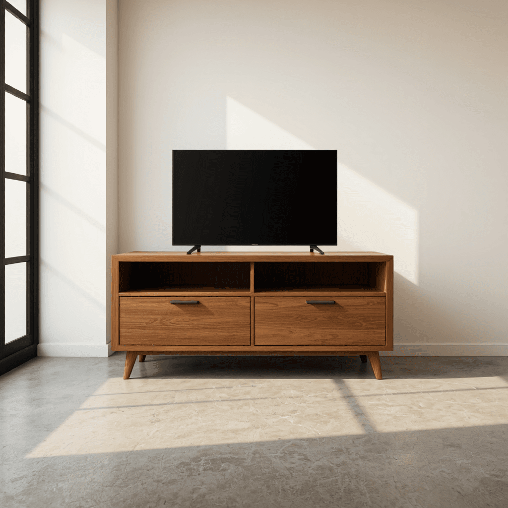 product photography of a wooden TV stand with storage compartments