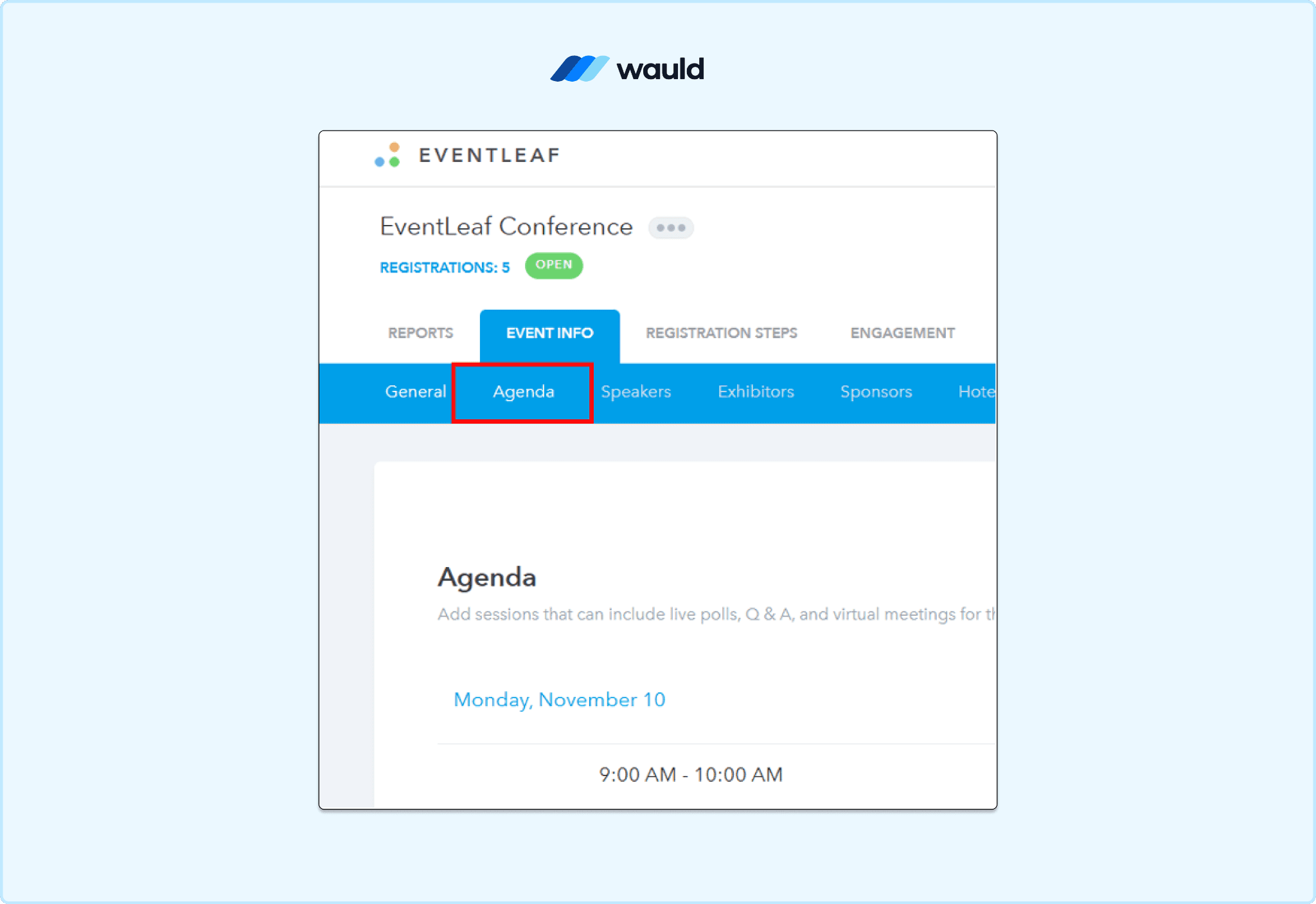 Eventleaf event management dashboard with the Agenda tab selected for managing session-specific attendance certificates.
