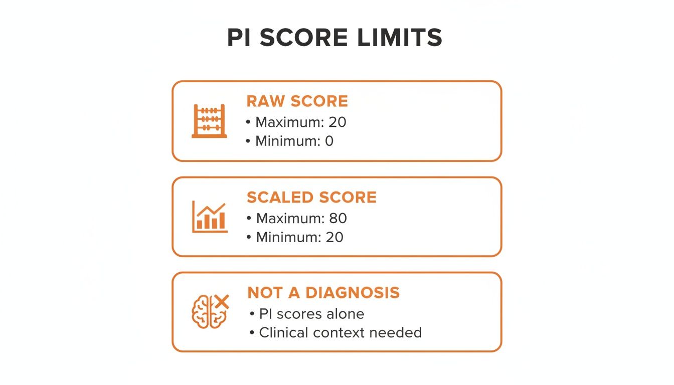 An infographic detailing PI score limits for raw and scaled scores, emphasizing clinical context is needed.