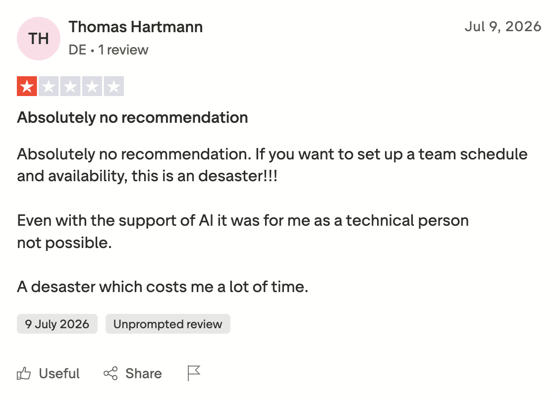 Trustpilot review on tidycal team scheduling 