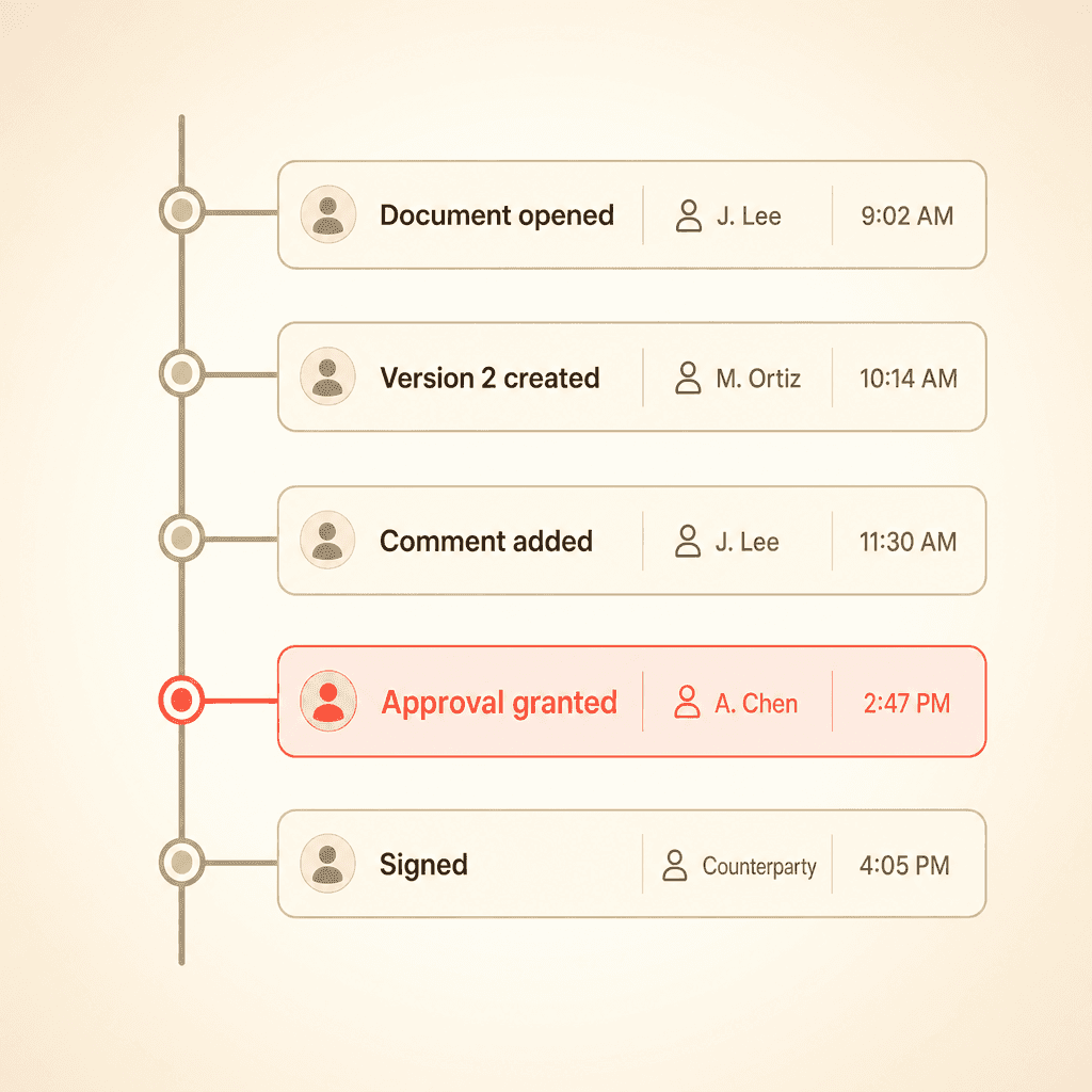 A contract audit trail timeline: document opened, version created, comment added, approval granted, and signed, each entry showing who acted and when