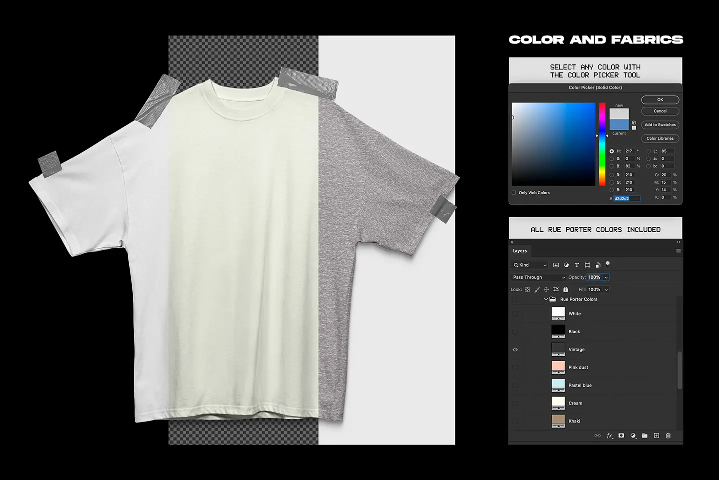 Rue Porter T-Shirt taped mockup fabric color options with Photoshop controls