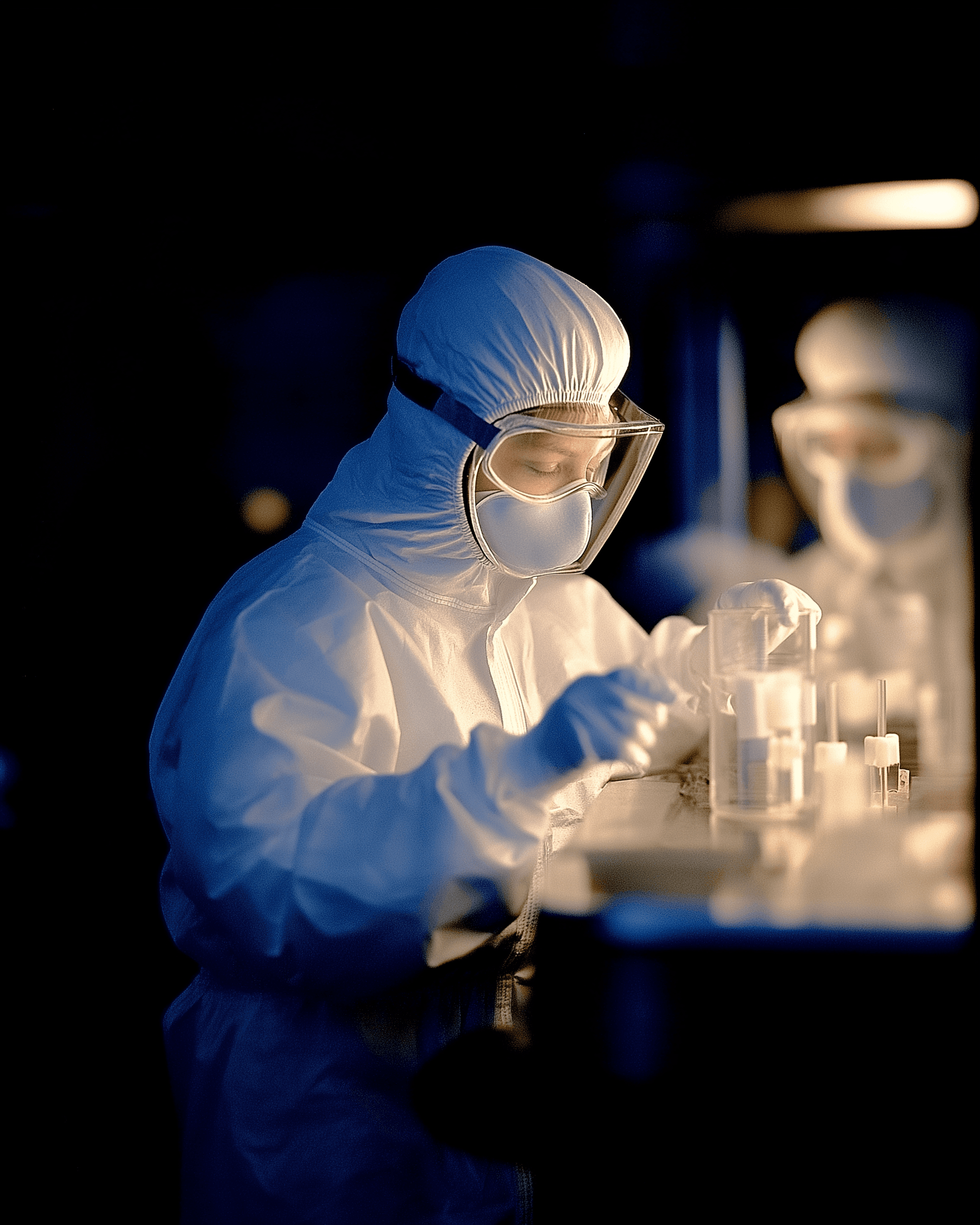 Smiling man in a maroon sweater working at a computer in a modern, industrial-looking lab or tech workspace.