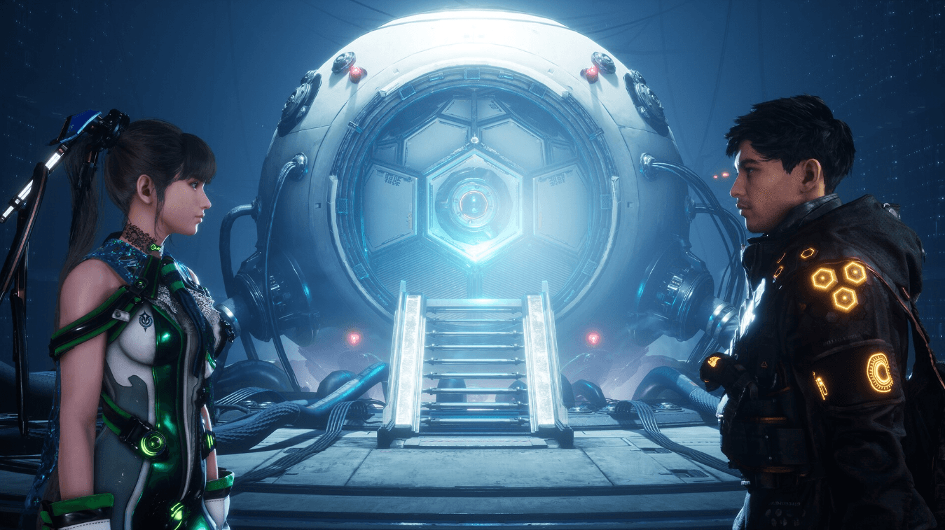 Screenshot Stellar Blade PS5 – deux personnages devant portail futuriste lumineux dans décor technologique sur KeyVerse Gaming