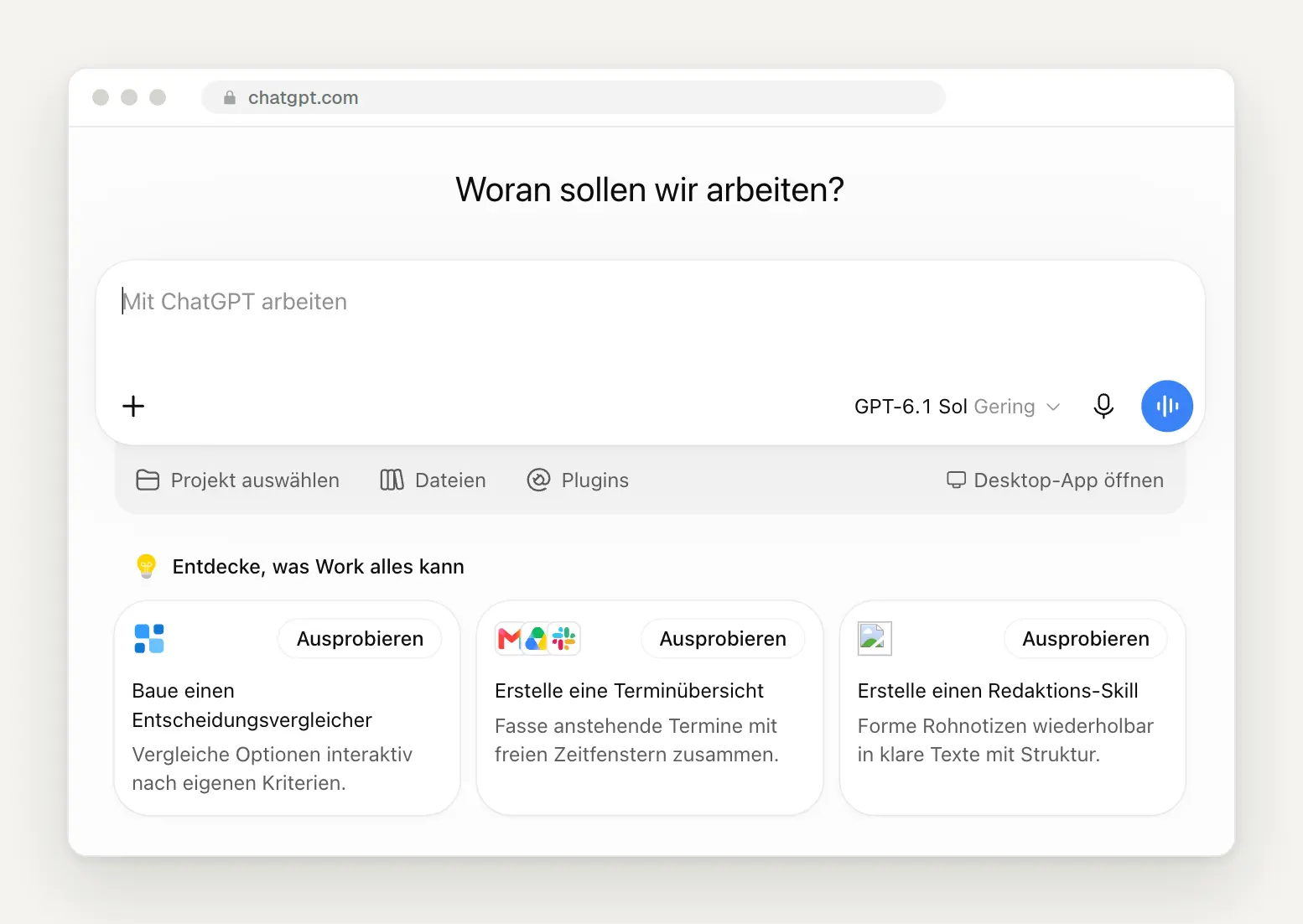 ChatGPT Work-Modus im Tarif Plus mit GPT-6.1 Sol, Projekt, Dateien und Plugins