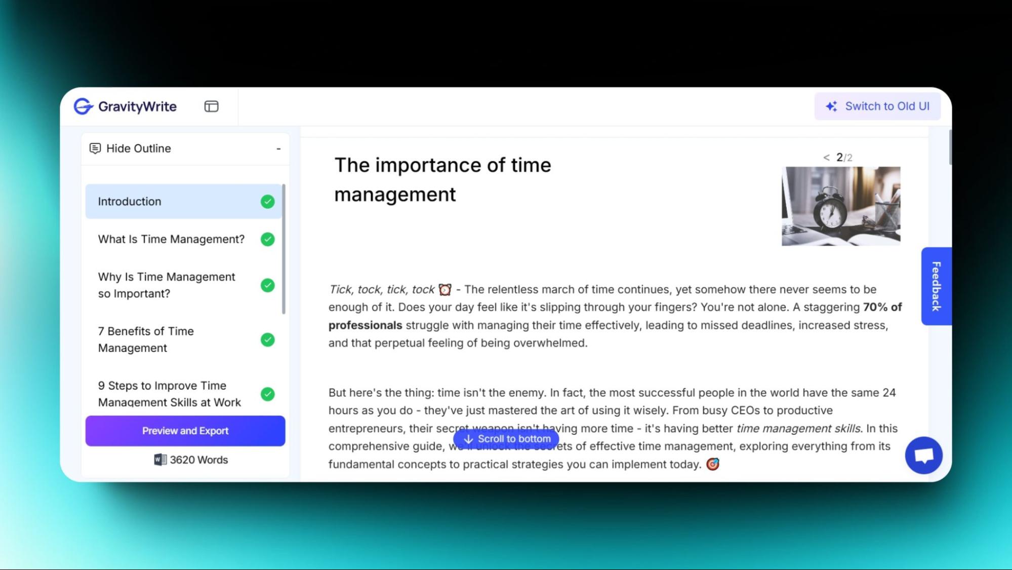 Snapshot of GravityWrite showing a blog post draft on "Importance of Time Management" with an outline and content preview on the right.