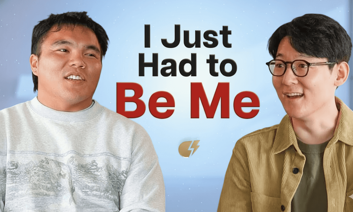 Two Korean men, including Nish Cooks on the left, smile during a podcast interview. The background is soft blue with bold black and red text: “I Just Had to Be Me.”
