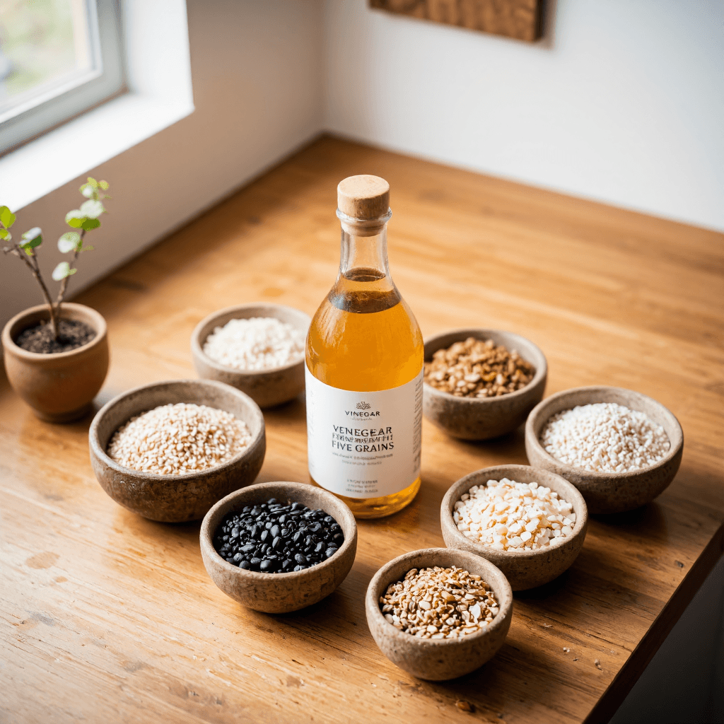 product photography of a bottle of vinegar fermented with five grains