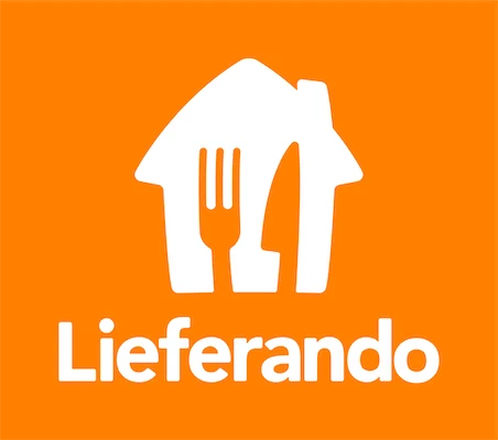 Logo of Lieferando featuring a house with a fork and knife, on an orange background.