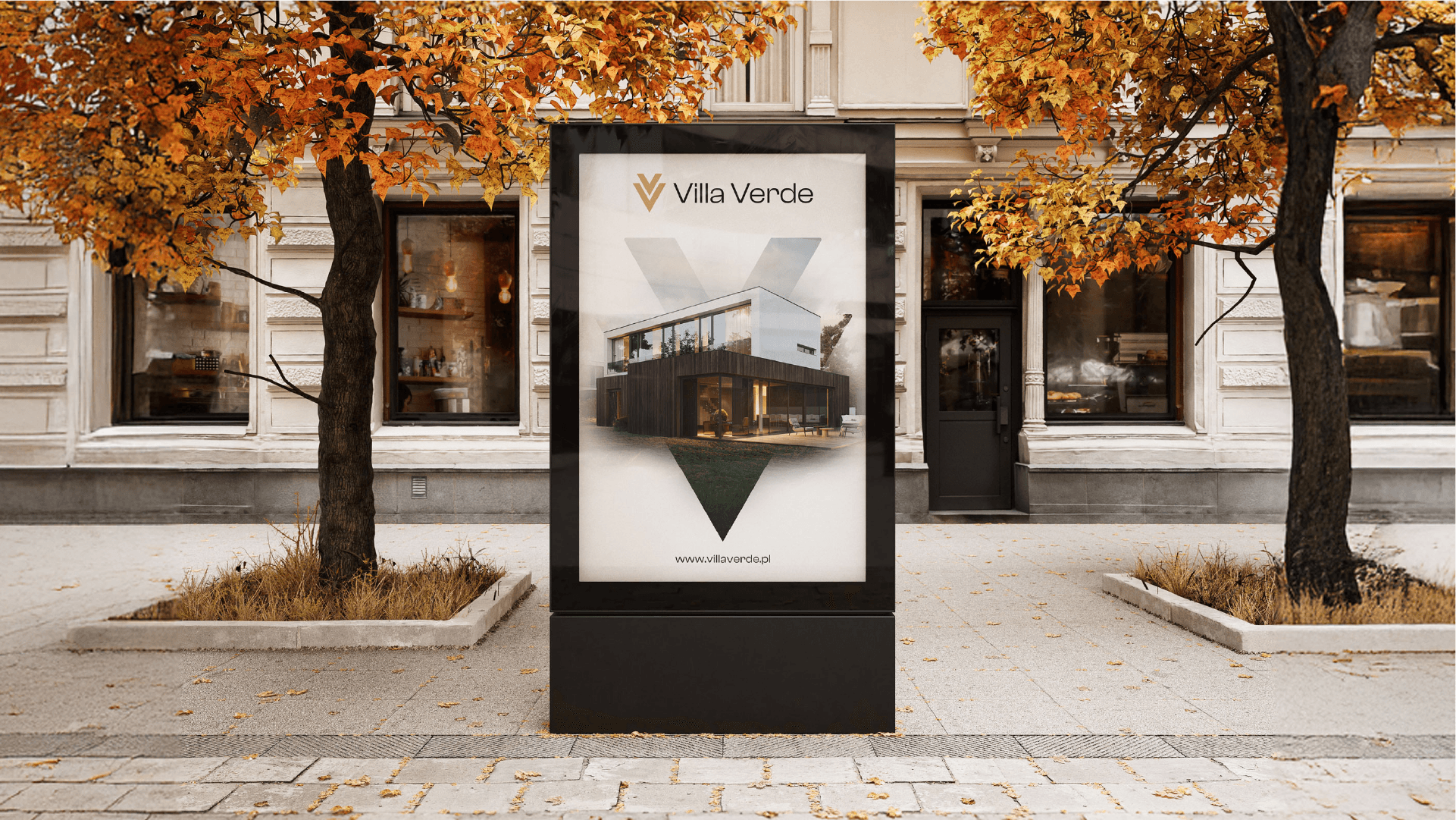 Projekt billboardu Villa Verde prezentujący wizualizację nowoczesnego domu jednorodzinnego.