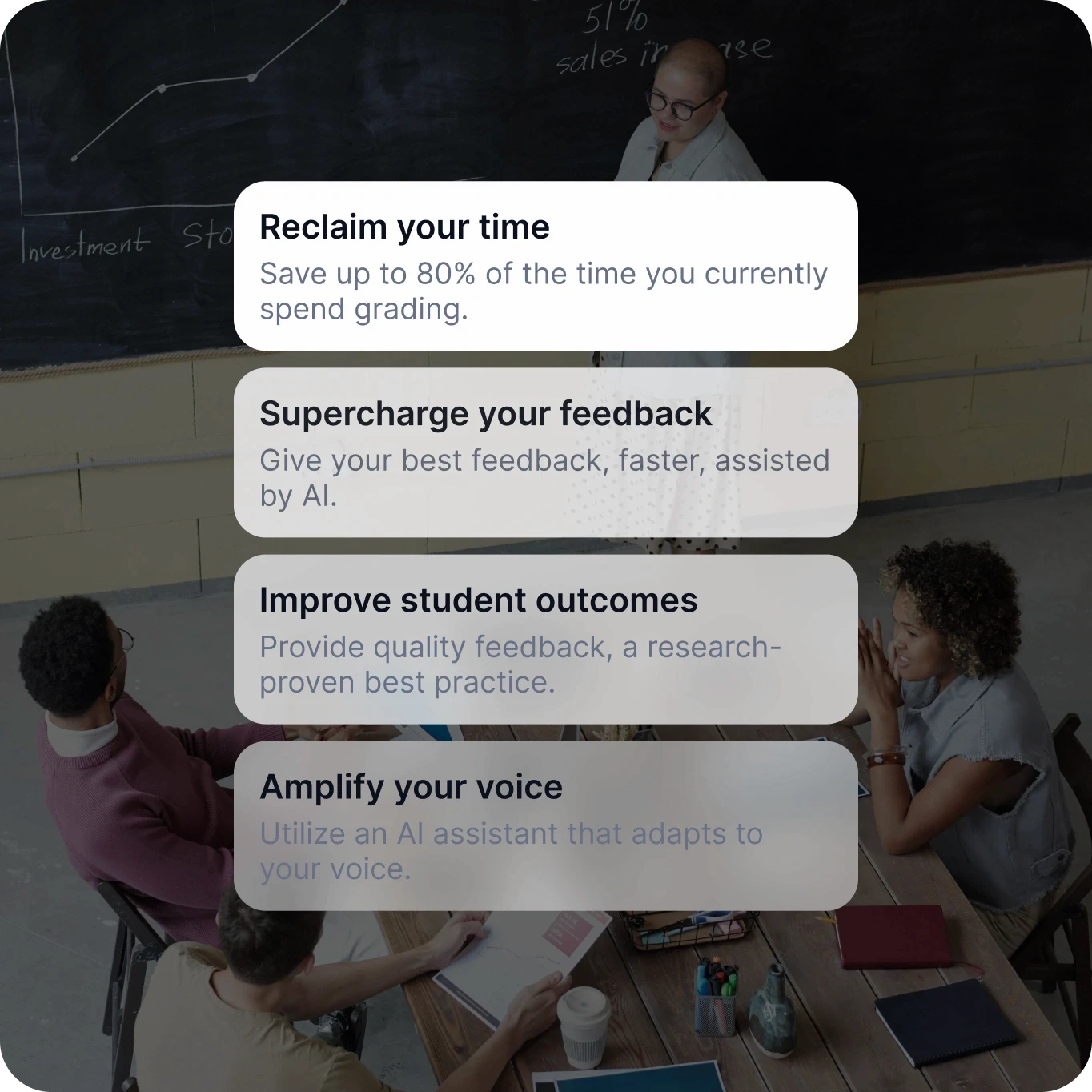 The image depicts a classroom setting with a diverse group of students and a teacher. The background features a chalkboard with a graph labeled "Investment Stocks." Four text boxes overlay the image, each containing educational benefits:  Reclaim your time: "Save up to 80% of the time you currently spend grading." Supercharge your feedback: "Give your best feedback, faster, assisted by AI." Improve student outcomes: "Provide quality feedback, a research-proven best practice." Amplify your voice: "Utilize an AI assistant that adapts to your voice." The text highlights the advantages of using AI tools in education for grading and providing feedback.