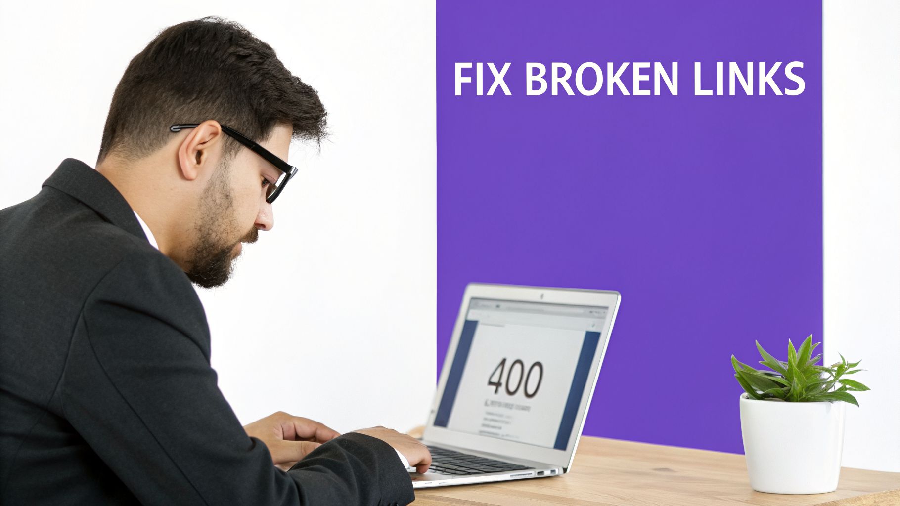 A man in a suit looks at a laptop displaying a 400 error, with text 'FIX BROKEN LINKS'.