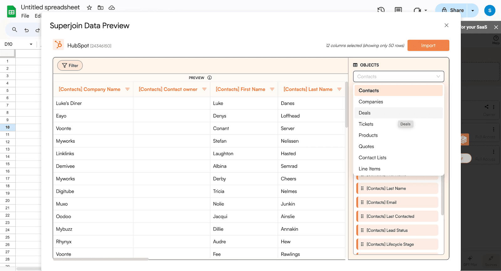 Choose Data Objects: Select the specific data objects you wish to import from HubSpot, such as Deals data.