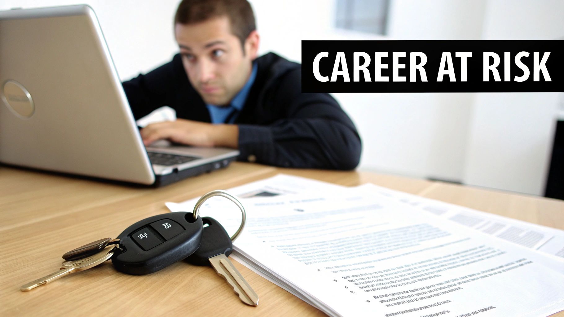 Worried professional driver looking at laptop with car keys and documents on desk