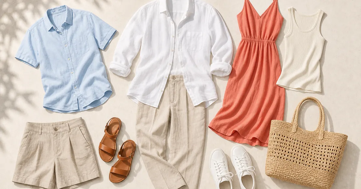 Light summer shirts, trousers, dress, sandals, and accessories arranged as hot-weather outfits