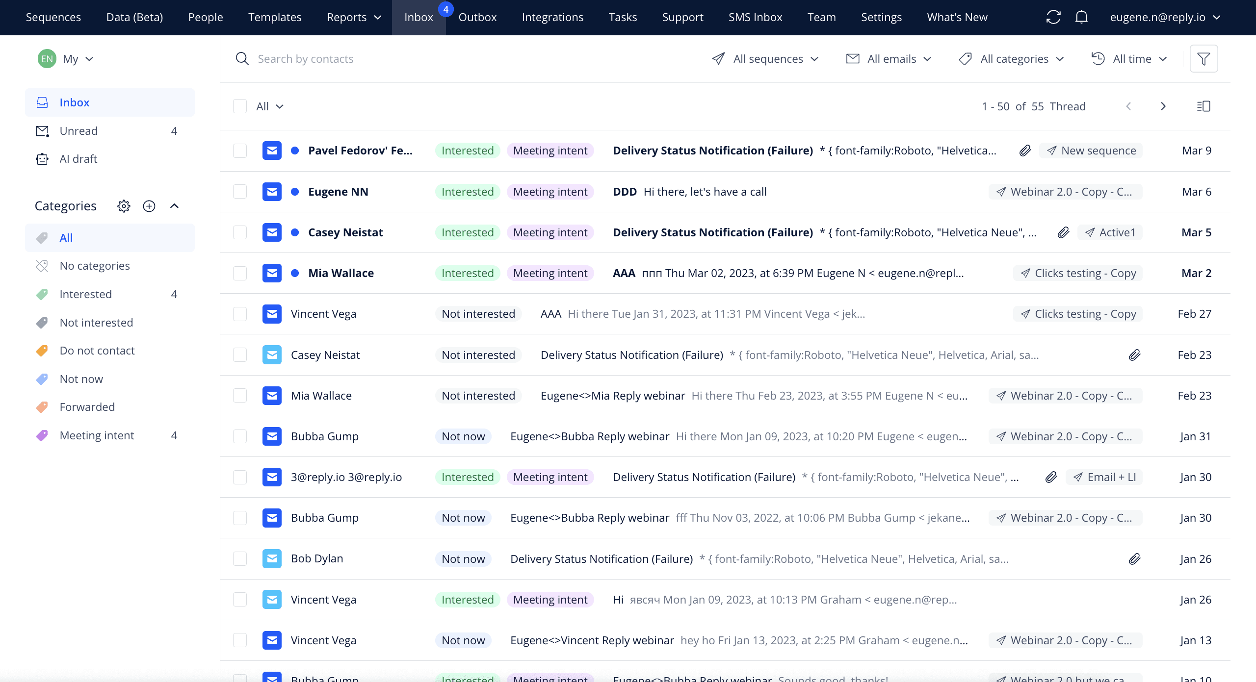  Reply.io, the mailbox list view showing multiple connected sending accounts with rotation enabled