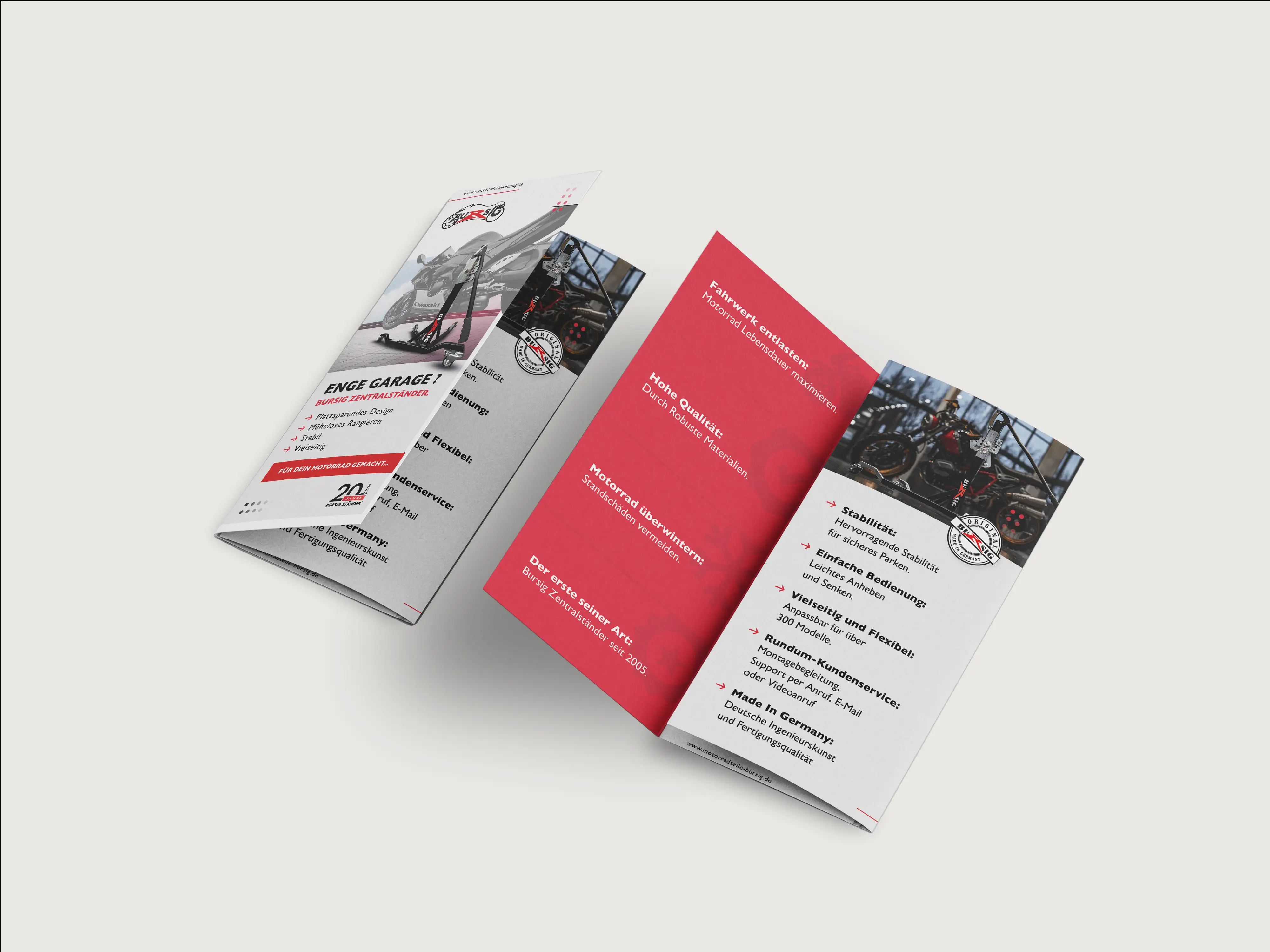 Aufgeklappte Innenseite des Bursig-Flyers mit Vorteilen wie Fahrwerk entlasten und hoher Qualität