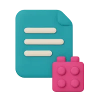 Un ícono de documento turquesa con tres líneas horizontales y un bloque rosa similar a LEGO en la esquina inferior derecha.