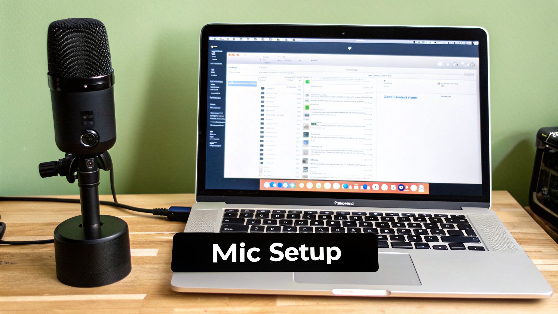A black microphone on a desk next to a silver laptop displaying a file browser, labeled 'Mic Setup'.