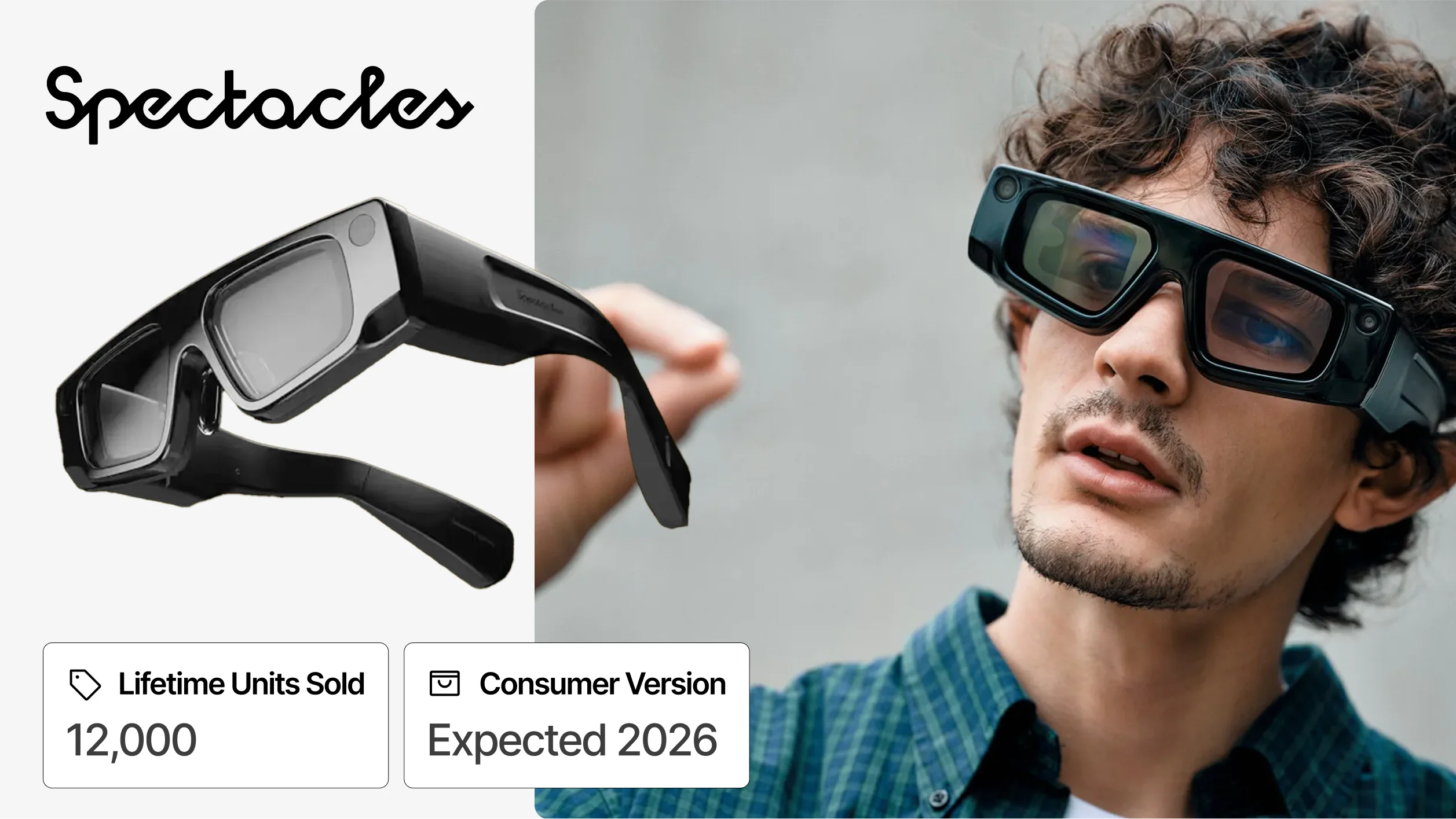 Snap Spectacles AR display glasses with waveguide overlay and developer subscription program statistics.