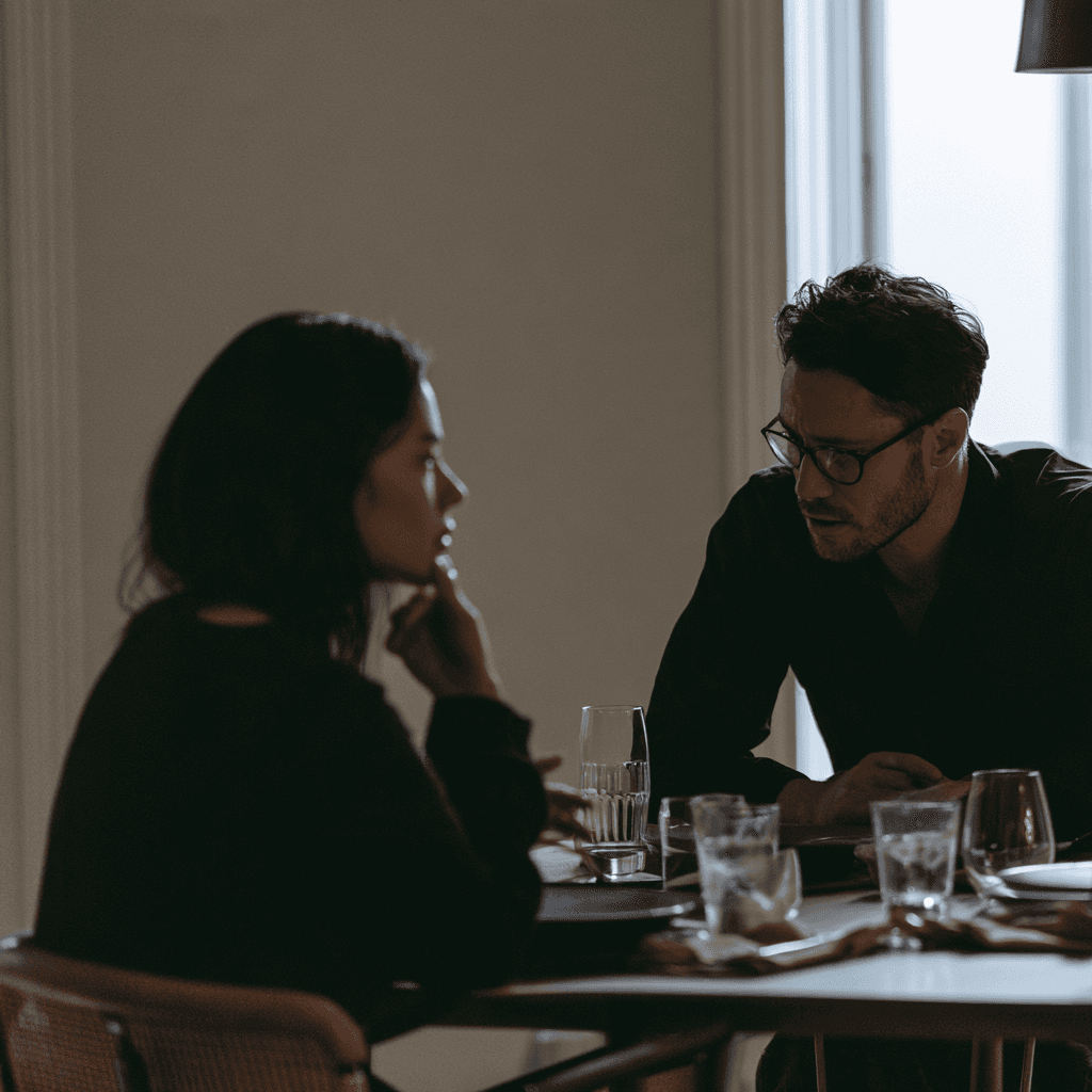A woman turning away at a table while a man stays seated and keeps talking