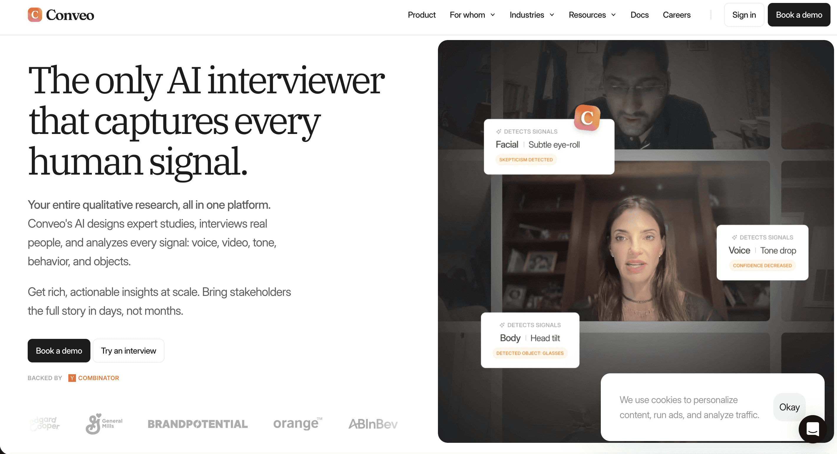 Conveo AI Moderator for User Interviews and Qualitative Research Dashboard