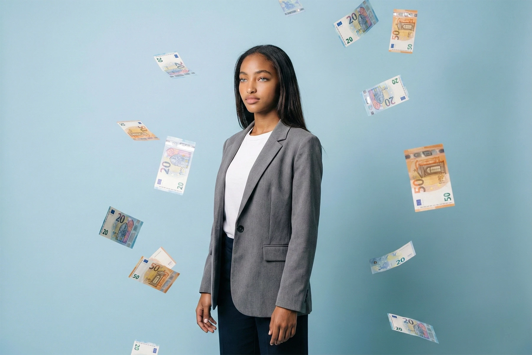 Frau im Business-Outfit mit schwebenden Euro-Scheinen als Symbol für profitables Marketing durch unsere Performance Marketing Agentur Köln