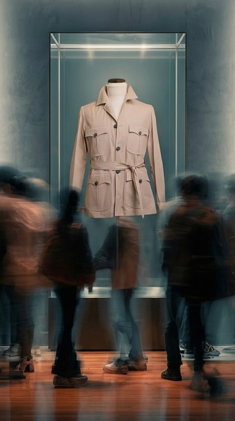 A cream Don Marrón safari jacket presented in an illuminated gallery exhibit with visitors moving around the display, emphasizing timeless design and refined menswear craftsmanship.