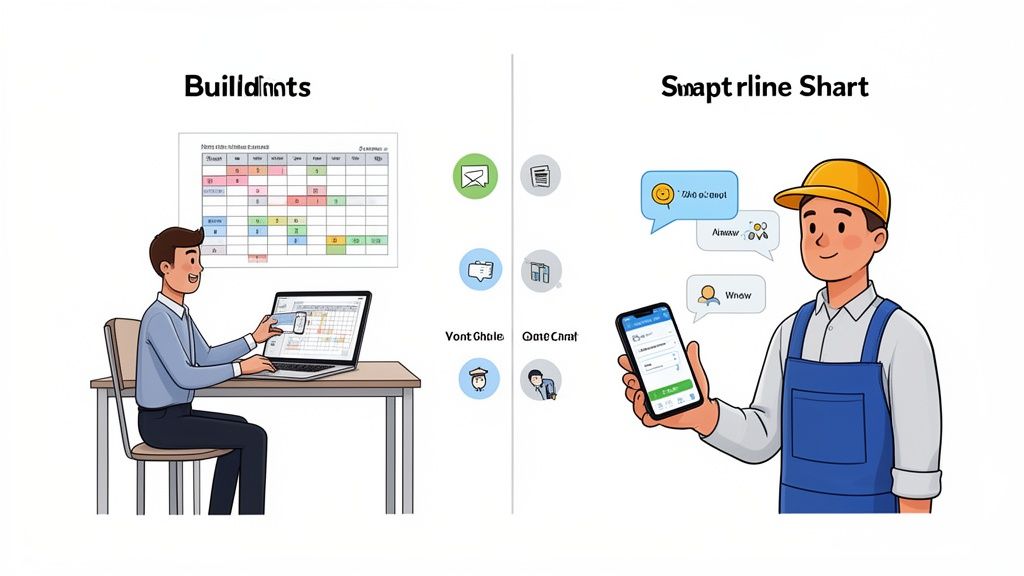 Two illustrations contrasting office-based project planning on a laptop with mobile workforce management for construction.
