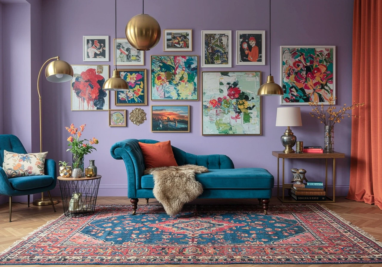 Eclectic living room with lavender walls, velvet couch, and framed artwork