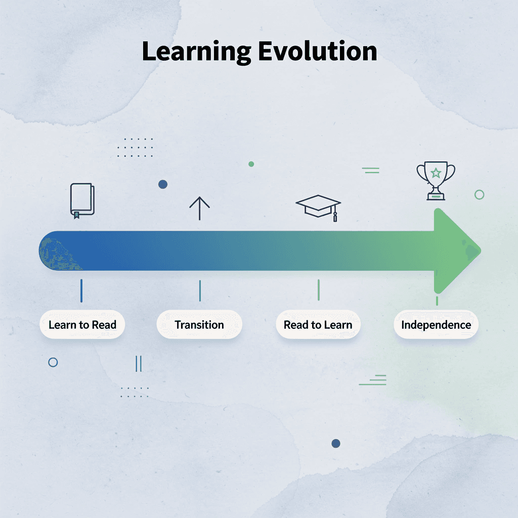 Progression arrow showing evolution from learning to read to independent learning