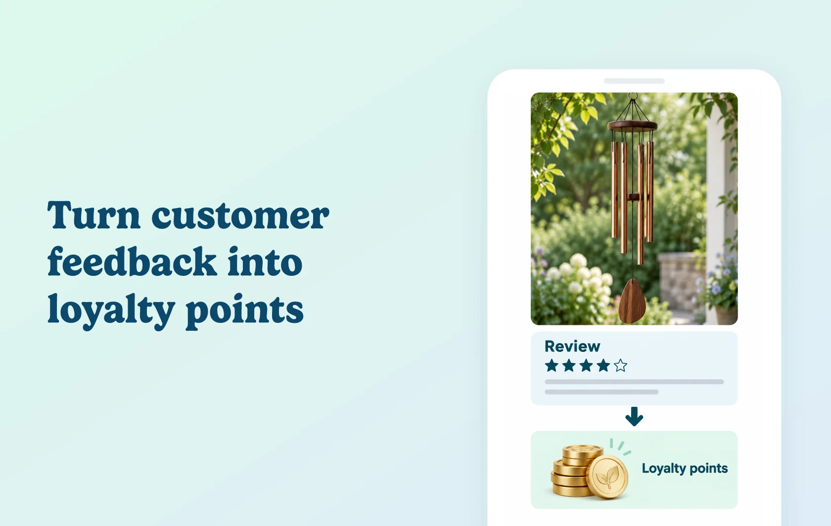 Judge.me and Leat integration: illustration of a wind-chime review connected to a loyalty-points reward inside a phone.