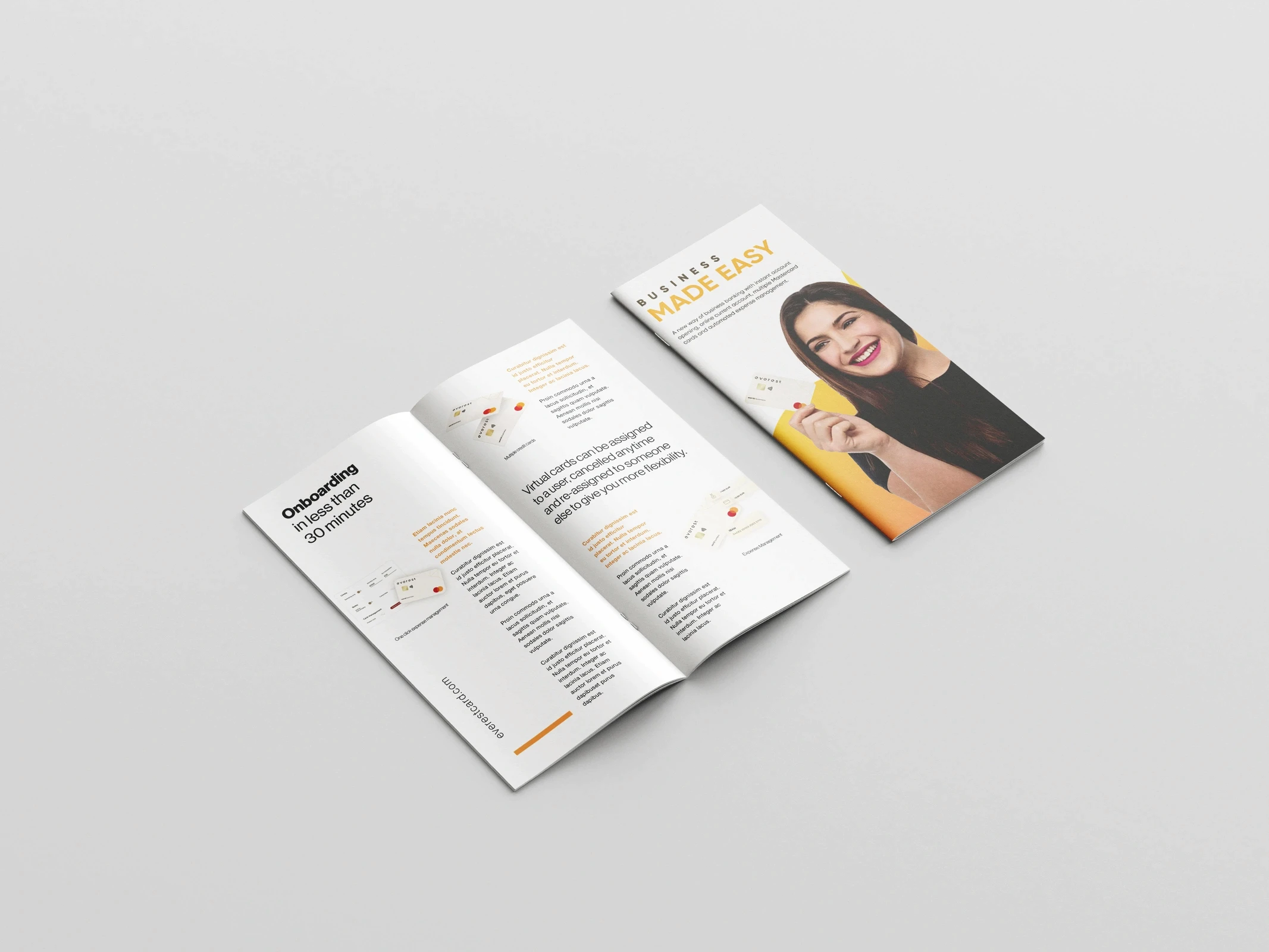 A top-down view of a bi-fold brochure for "EverestCard," open to a page titled "Onboarding in less than 30 minutes." The brochure's cover, titled "Banking Made Easy," shows a photo of a smiling woman.