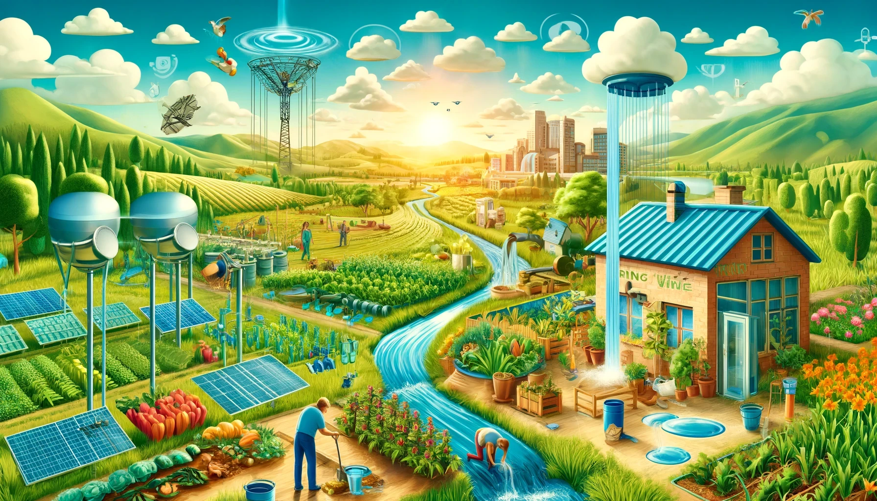 The image depicts a vibrant and utopian vision of sustainable agriculture, integrating advanced technology with traditional farming practices. Key elements of the image include:  Solar Panels and Renewable Energy:  Solar Panels: Numerous solar panels are strategically placed throughout the agricultural fields, harnessing solar energy to power the farm. Wind Turbines: Wind turbines are scattered across the landscape, contributing to the renewable energy mix. Advanced Irrigation and Water Management:  Automated Water Systems: Several advanced irrigation systems are visible, including rainwater harvesting and automated sprinklers, ensuring efficient water use. Water Tanks and Towers: Elevated water tanks store and distribute water across the fields. Flowing River: A clean river runs through the center of the scene, providing a natural water source for irrigation and supporting aquatic life. Diverse Crop Cultivation:  Variety of Crops: The fields are filled with diverse crops, including vegetables, fruits, and grains, reflecting rich agricultural diversity. Community Garden: In the foreground, people are actively engaged in tending to a community garden, emphasizing hands-on farming and local food production. Technological Integration:  Drones and Robots: Drones are seen flying overhead, likely monitoring crop health and managing resources. Small robots or automated machines are present, assisting with planting and harvesting. Digital Overlays: Holographic icons and digital interfaces indicate the use of smart farming technologies and data analytics to optimize agricultural practices. Sustainable Practices:  Composting and Recycling: Compost bins and recycling stations are integrated into the farm, promoting sustainable waste management practices. Greenhouses and Vertical Farming: Greenhouses and vertical farming structures maximize space and enhance crop yields. Community and Living Spaces:  Eco-Friendly Homes: Eco-friendly homes with solar panels on their roofs are situated near the farm, suggesting a sustainable living environment. Education and Research: The presence of educational facilities or research stations indicates ongoing innovation and learning in agricultural sciences. Natural Landscape and Biodiversity:  Flora and Fauna: The landscape is lush with trees, flowers, and diverse plant life, supporting a healthy ecosystem. Birds, bees, and butterflies are visible, indicating active pollination and a thriving natural environment. Urban Integration:  City Skyline: In the background, a modern city skyline is visible, suggesting a seamless integration of urban and rural environments. The city appears to be connected to the farm through sustainable practices and green infrastructure. Overall, the image portrays a harmonious blend of technology, nature, and community, emphasizing sustainable agricultural practices, renewable energy use, and a strong connection between urban and rural areas. It reflects an ideal future where advanced technology supports and enhances traditional farming, creating a balanced and productive ecosystem.