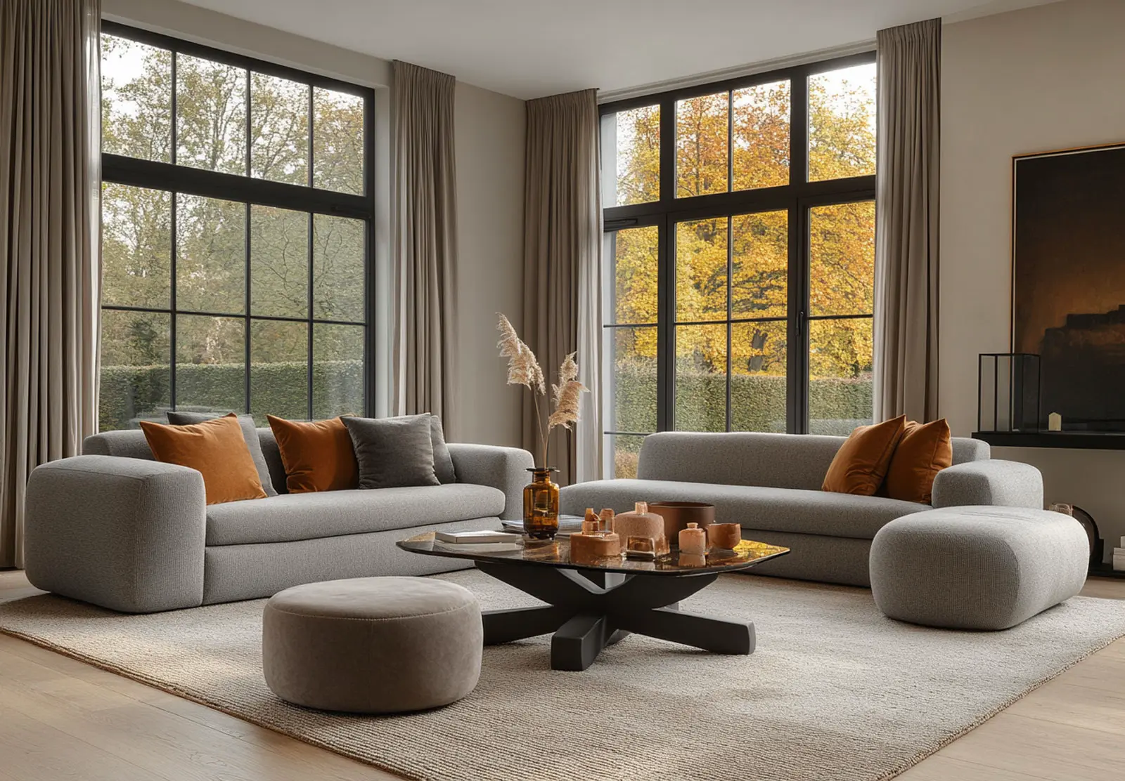 Ein modernes Wohnzimmer, realistisch in 3D dargestellt, verfügt über große Fenster, zwei hellgraue Sofas mit braunen und grauen Kissen, einen runden grauen Ottoman, einen schwarzen Couchtisch mit Dekoration sowie neutrale Vorhänge und einen Teppich. Draußen sind herbstliche Bäume zu sehen.
