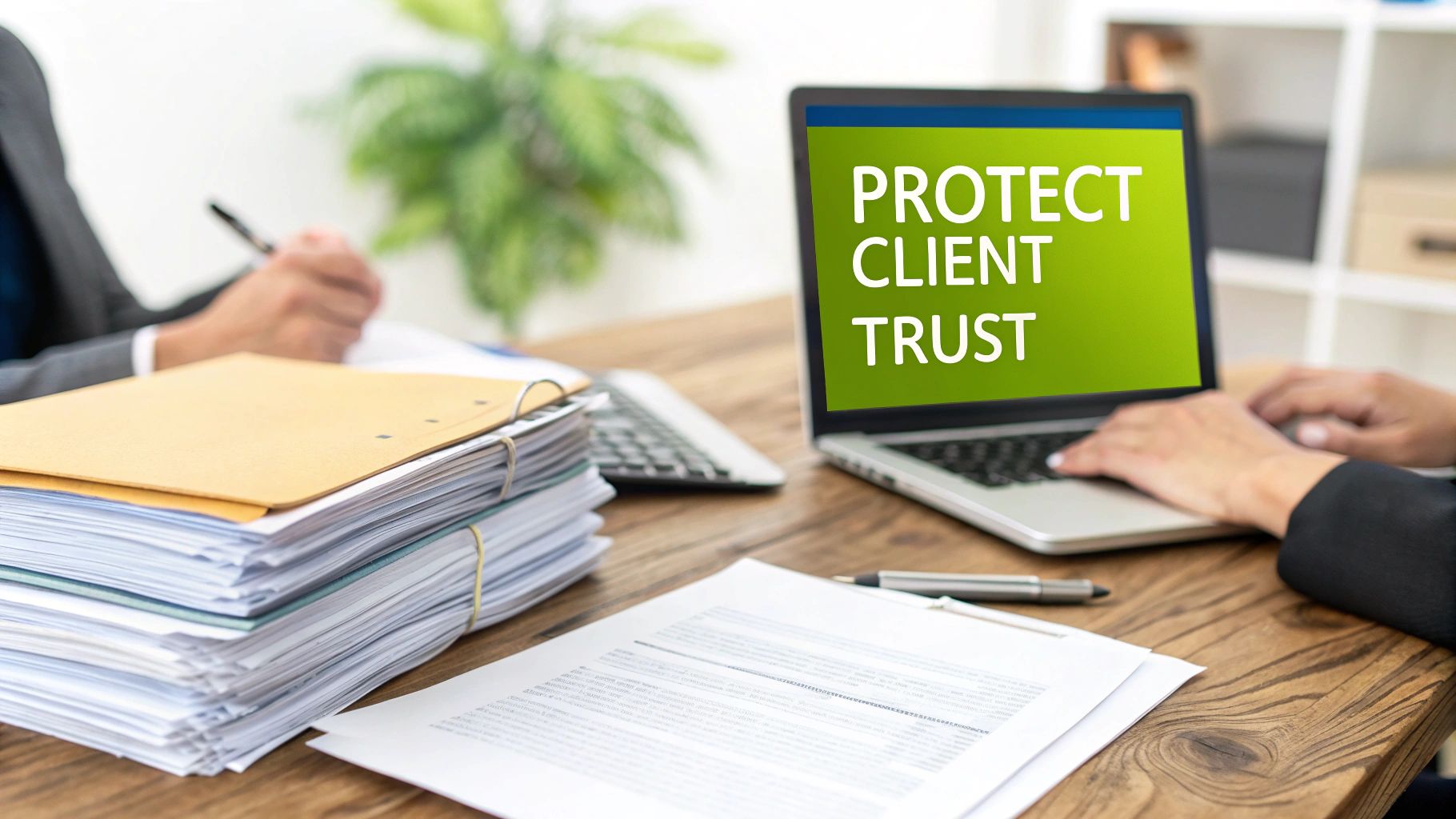 A stack of generic, intimidating-looking letters on a modern office desk, contrasting with the professional environment.